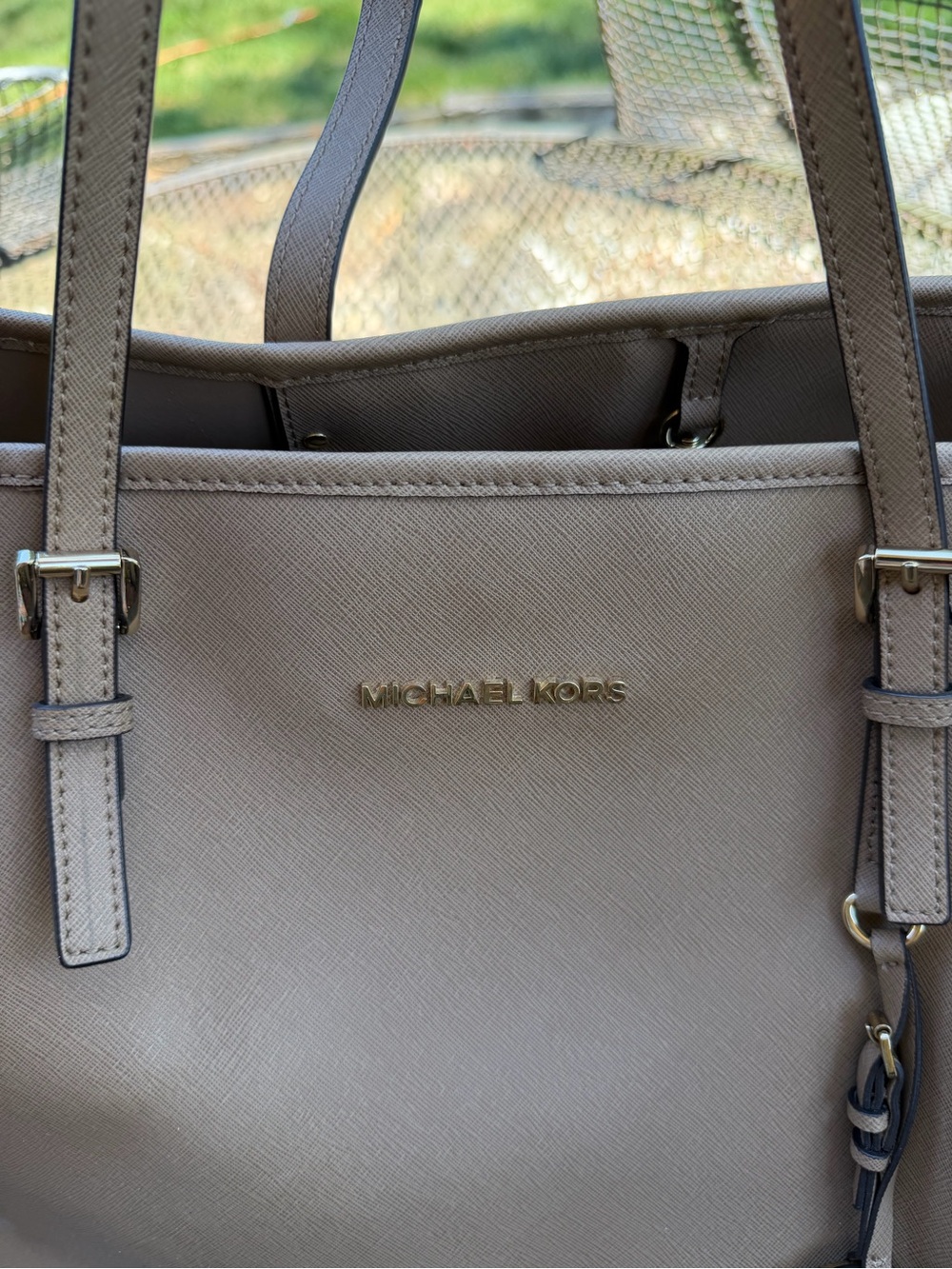 Michael Kors Taupe Saffiano-Style Tote with Gold Hardware